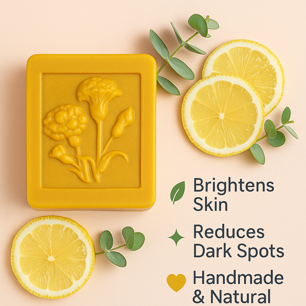 Turmeric & Kojic Acid Soap – Natural Glow & Radiant Skin with Vitamin C 🌿✨.                    🌿 100% Natural & Gentle on all skin types
	•	✨ Fades dark spots & evens skin tone
	•	🍋 Enriched with Vitamin C for radiant, glowing skin
	•	💧 Moisturizes &