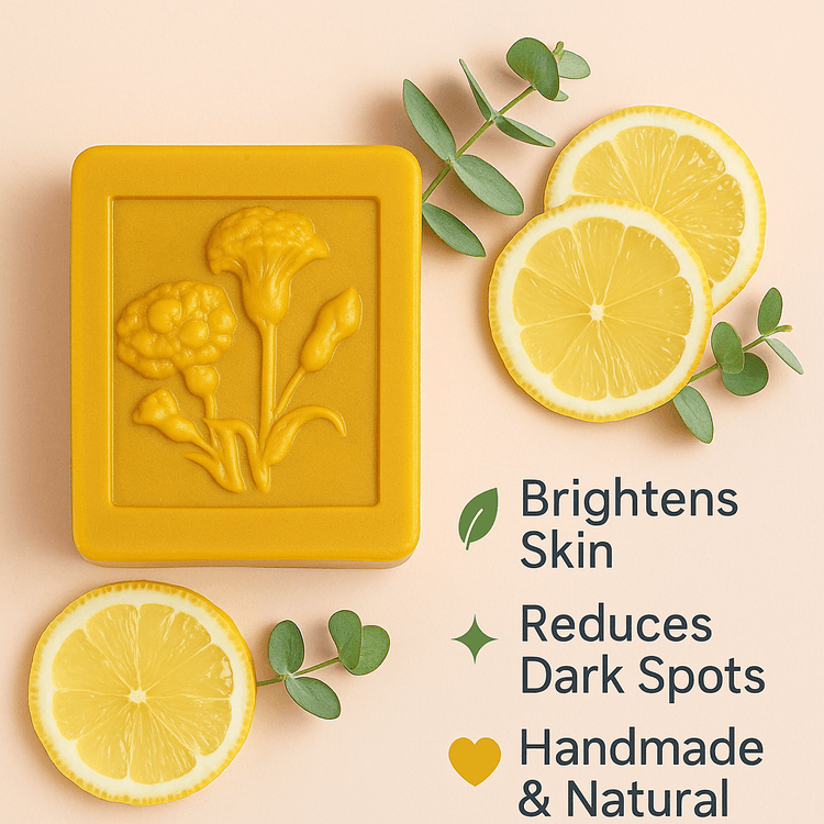 Turmeric & Kojic Acid Soap Natural Glow & Radiant Skin by Fleurish Beauty Shop with lemon slices.