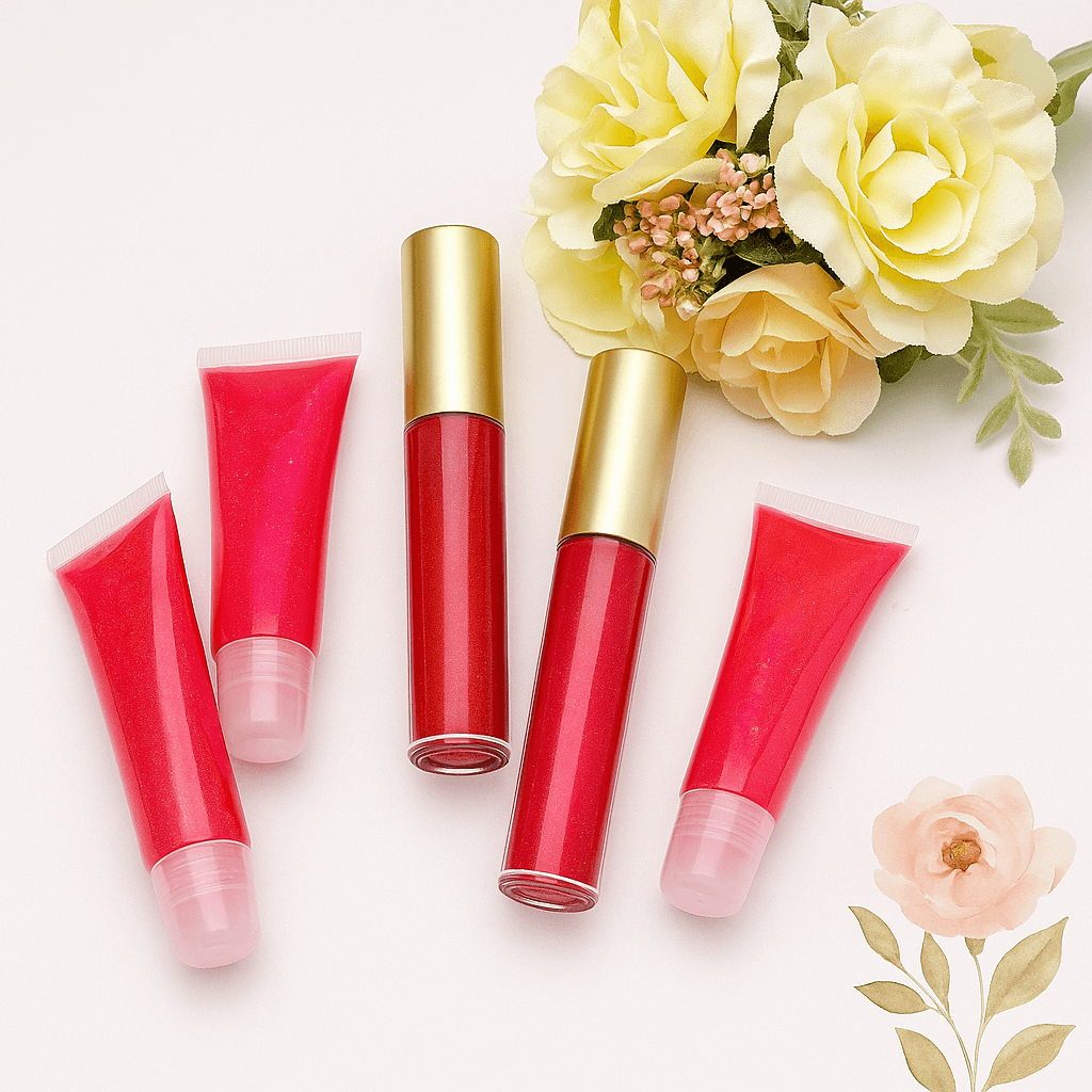Fleurish Beauty Handmade Lip Gloss in vibrant red shades, showcasing cute gloss tubes with flowers in the background.