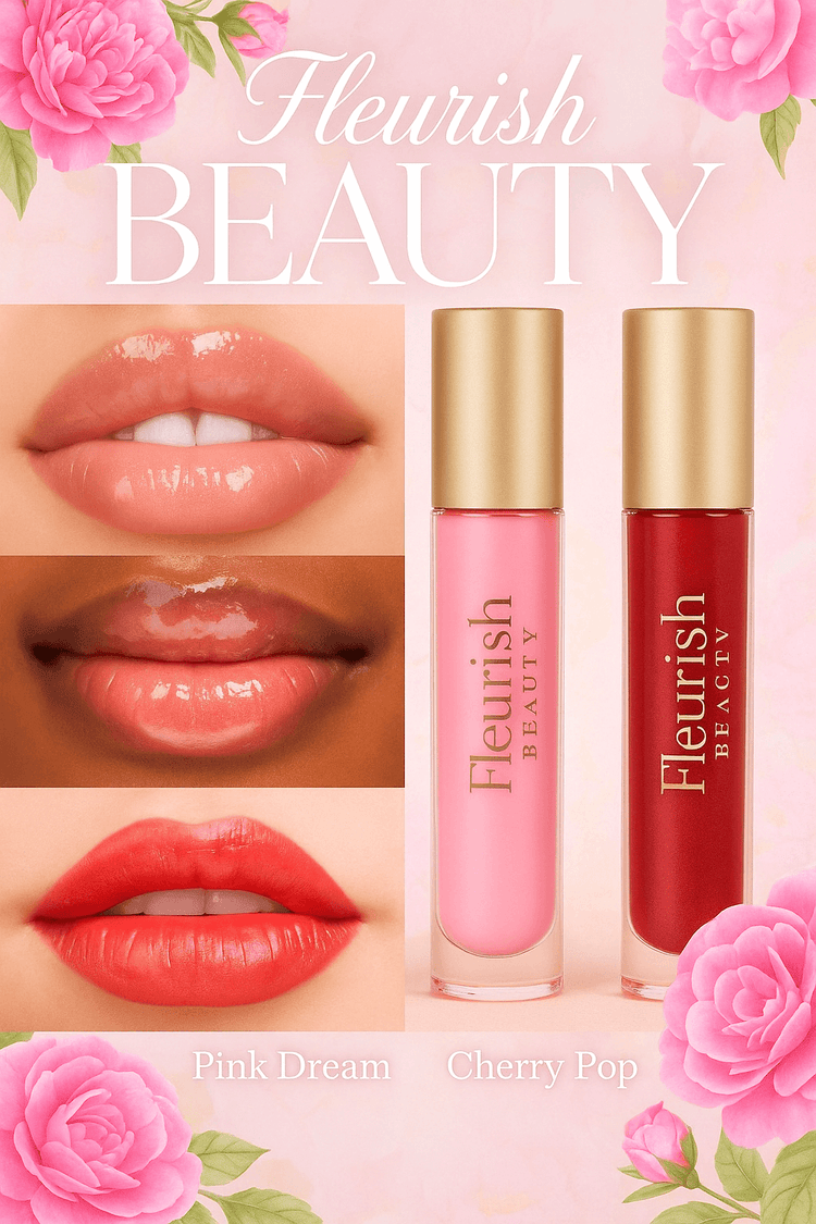 Fleurish Beauty Handmade Lip Gloss showcasing Pink Dream and Cherry Pop shades, with glossy lips against a floral background.