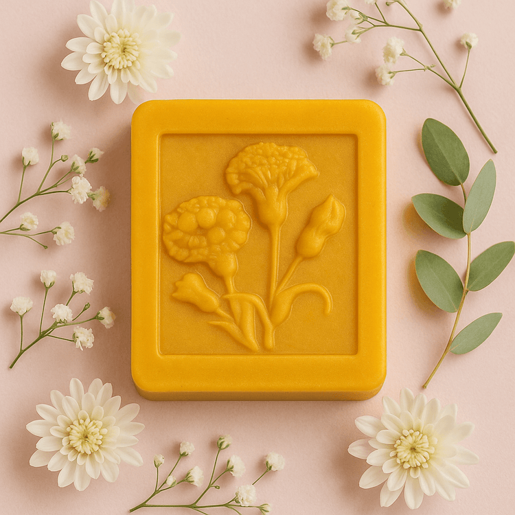 Turmeric & Kojic Acid Soap Natural Glow & Radiant Skin with floral design and greenery on a pink background.