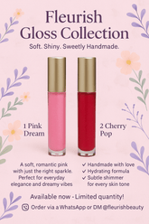 Fleurish Beauty Handmade Lip Gloss shown in Pink Dream and Cherry Pop shades with floral design and product details.